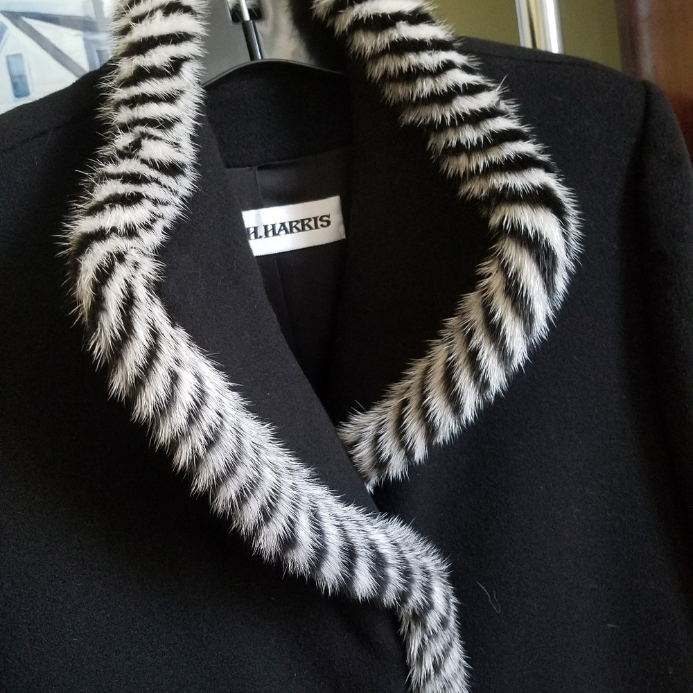 Black Wool Pea Coat with Black-and-White Faux Fur Trim
